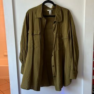 Oversized olive green button up shirt/dress
